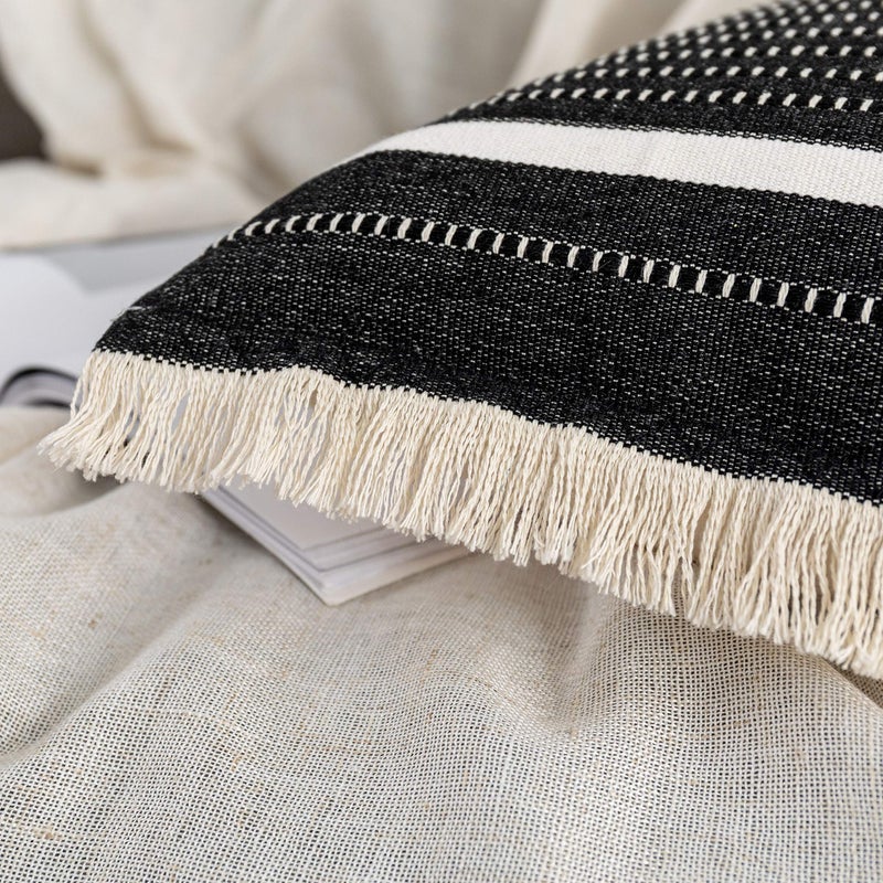 OJIA Modern Throw Pillow Cover with Tassels, Decorative Liana Fringe Accent Cushion Case, Farmhouse Woven Pillowcase for Sofa Chair Couch Bed Decor (Lumbar 18 x 18 Inches, Black) - Image 2